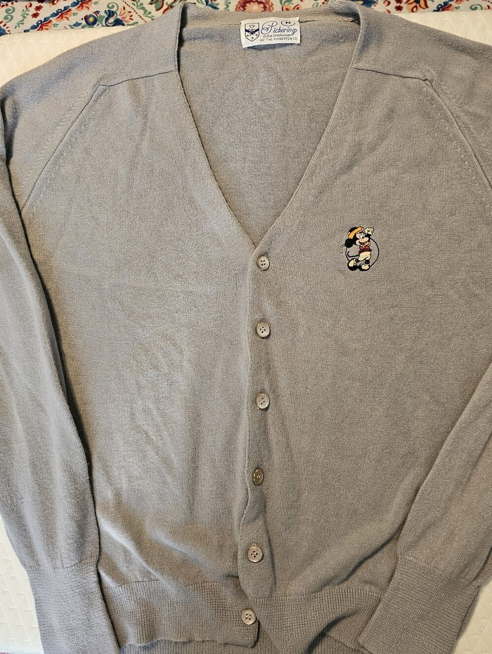 Vntg 70s 80s Pickering Golf Mickey Mouse Cardigan Sweater Adult M Grey Orlon USA